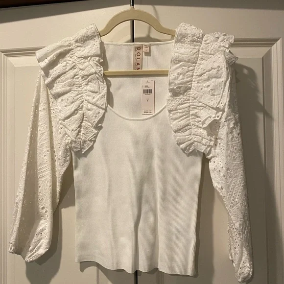 NWT Dolan Left Coast White Eyelet Ruffle Sleeve Sweater Blouse. Size S. Anthro. - Picture 7 of 10